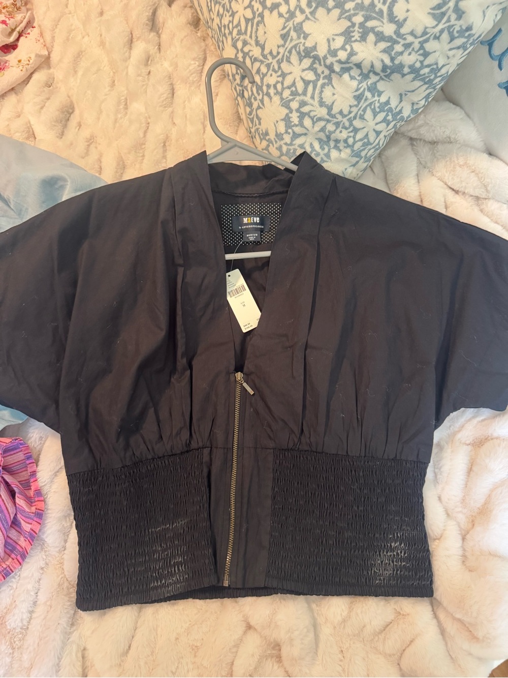 Maeve Black Cropped Short-Sleeve Zip Top